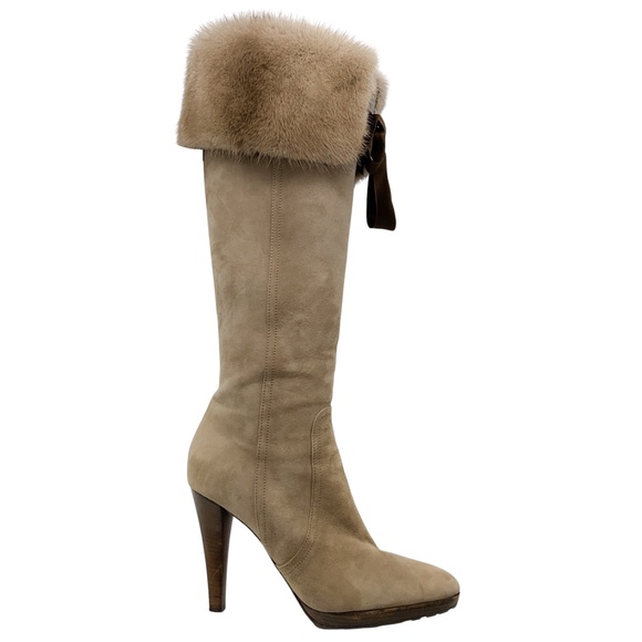 VALENTINO TAUPE MINK FUR TRIMMED SUEDE TALL BOOTS - Picture 2 of 8